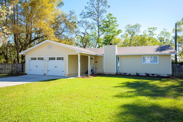 single story home with a garage and a front yard