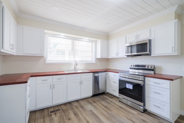 kitchen with wood counters, white cabinetry, sink, light hardwood / wood-style floors, and stainless steel appliances