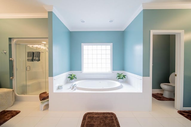 bathroom featuring tile patterned flooring, shower with separate bathtub, toilet, and ornamental molding