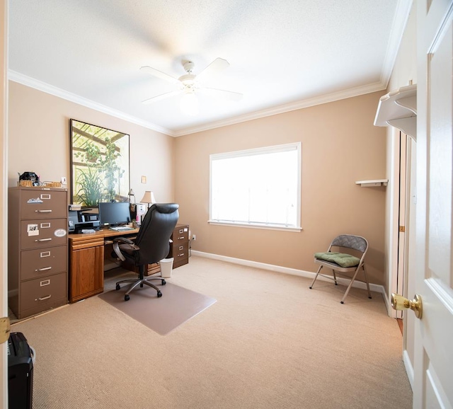 carpeted home office featuring ceiling fan and crown molding