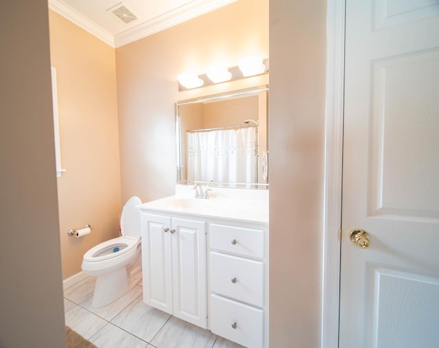 bathroom featuring tile patterned floors, ornamental molding, a shower with curtain, vanity, and toilet