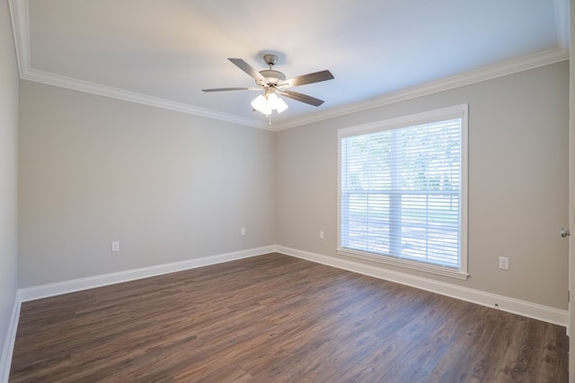 unfurnished room with ceiling fan, dark hardwood / wood-style flooring, and crown molding