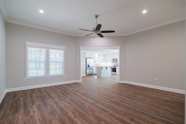 unfurnished living room with ceiling fan, crown molding, and dark hardwood / wood-style floors