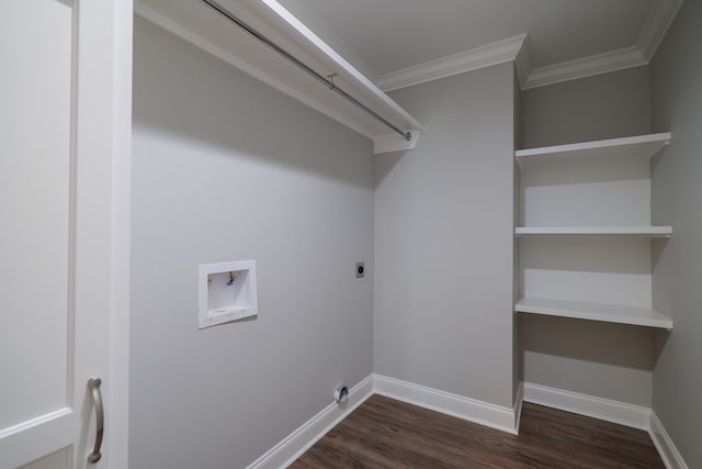 washroom featuring dark wood-type flooring, electric dryer hookup, crown molding, and hookup for a washing machine