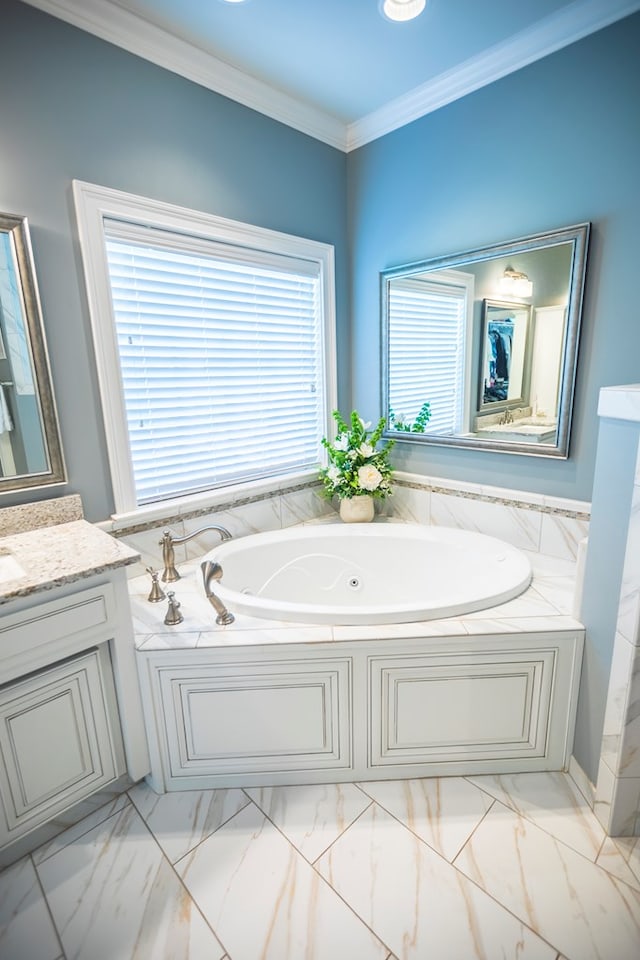 5643 Timberwind Cir, Lake Park, GA 31636 - bathroom with a tub with jets, vanity, marble finish floors, and ornamental molding
