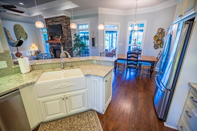 5643 Timberwind Cir, Lake Park, GA 31636 - kitchen with appliances with stainless steel finishes, a sink, dark wood-style flooring, healthy amount of natural light, and ornamental molding