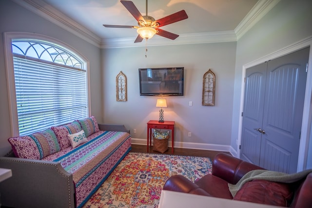 5643 Timberwind Cir, Lake Park, GA 31636 - living room featuring ceiling fan, wood finished floors, baseboards, and ornamental molding