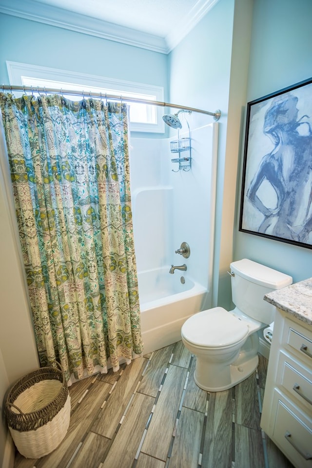 5643 Timberwind Cir, Lake Park, GA 31636 - bathroom with ornamental molding, shower / tub combo with curtain, vanity, toilet, and wood finished floors