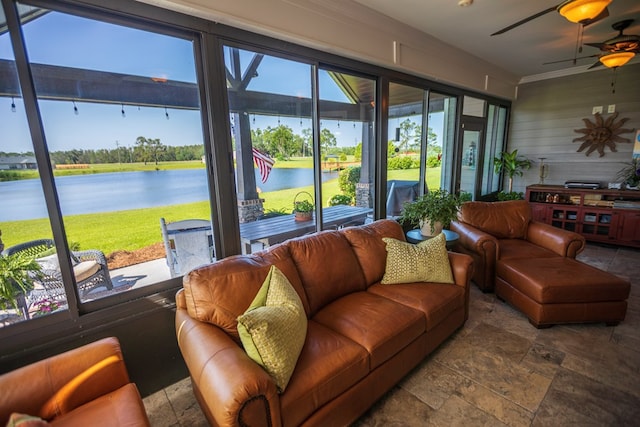 5643 Timberwind Cir, Lake Park, GA 31636 - sunroom with a ceiling fan, a water view, and an outdoor living space