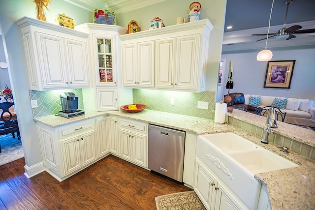 5643 Timberwind Cir, Lake Park, GA 31636 - kitchen with dishwasher, crown molding, ceiling fan, dark wood finished floors, and a sink