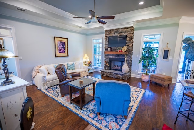 5643 Timberwind Cir, Lake Park, GA 31636 - living room with a tray ceiling, ceiling fan, hardwood / wood-style flooring, healthy amount of natural light, and ornamental molding