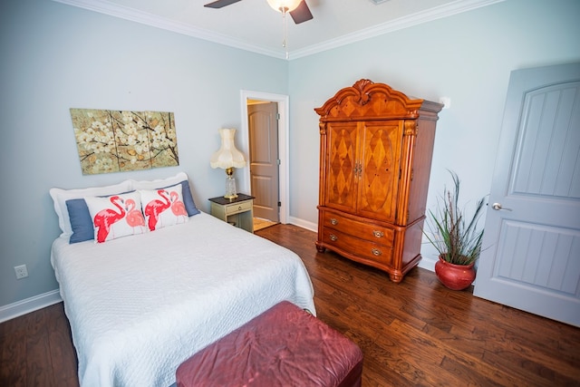 5643 Timberwind Cir, Lake Park, GA 31636 - bedroom featuring crown molding, baseboards, dark wood-type flooring, and ceiling fan