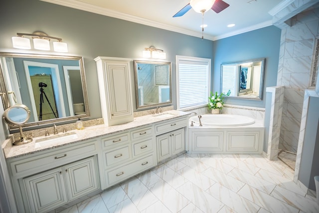 5643 Timberwind Cir, Lake Park, GA 31636 - bathroom with ceiling fan, ornamental molding, a bath, double vanity, and marble finish floors