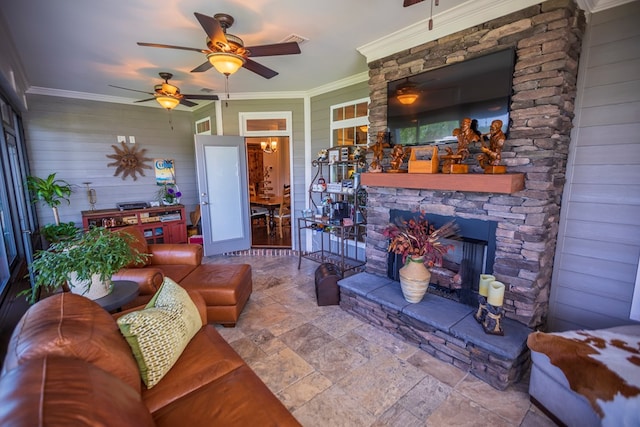 5643 Timberwind Cir, Lake Park, GA 31636 - living room with stone finish flooring, ceiling fan, crown molding, wood walls, and a fireplace