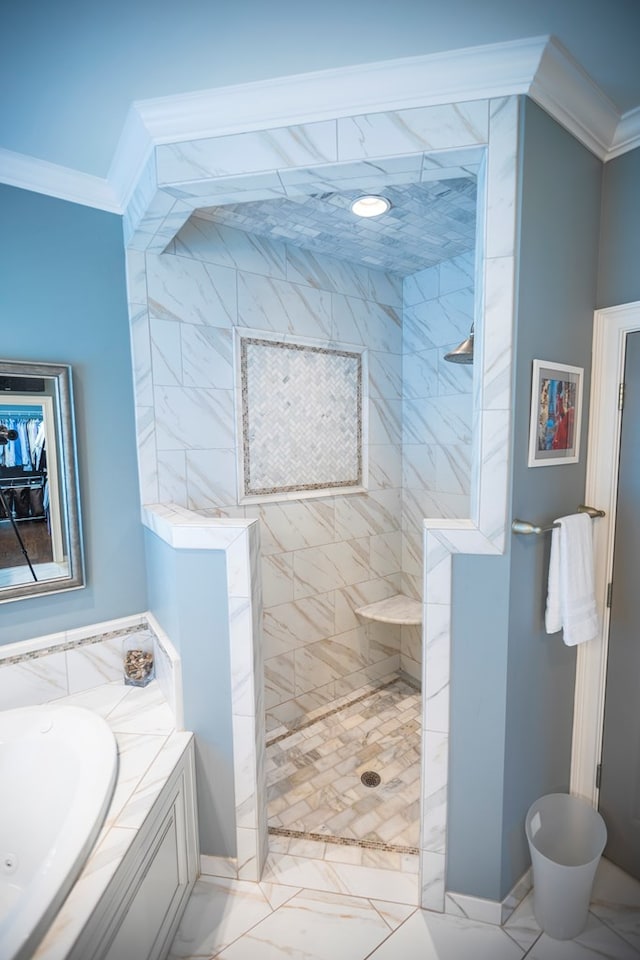 5643 Timberwind Cir, Lake Park, GA 31636 - full bathroom featuring crown molding, a jetted tub, walk in shower, and marble finish floors