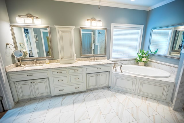 5643 Timberwind Cir, Lake Park, GA 31636 - full bathroom with a garden tub, double vanity, and ornamental molding