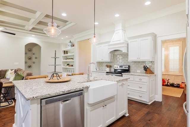 5555 Boyette Rd, Hahira, GA 31636 - kitchen with stainless steel appliances, a sink, ornamental molding, dark wood-type flooring, and custom exhaust hood