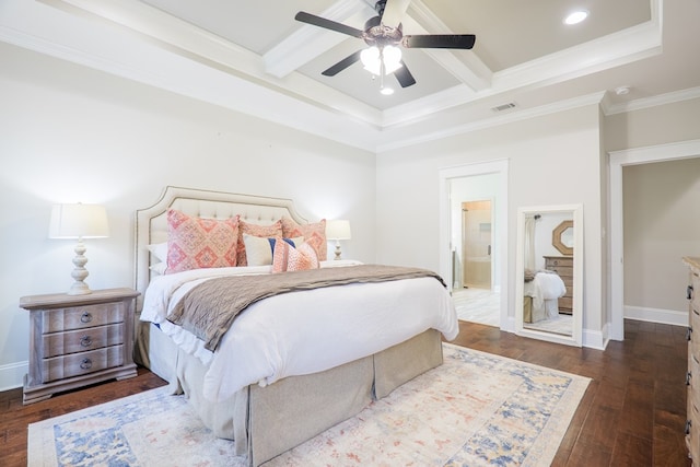 5555 Boyette Rd, Hahira, GA 31636 - bedroom featuring beamed ceiling, crown molding, wood finished floors, recessed lighting, and ceiling fan