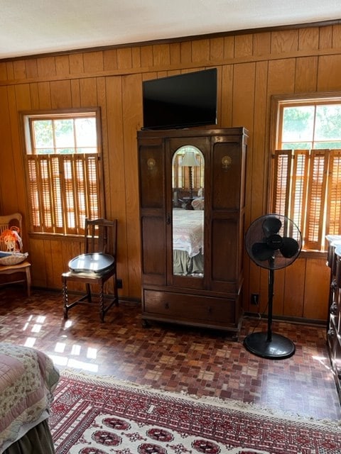 sitting room with wooden walls