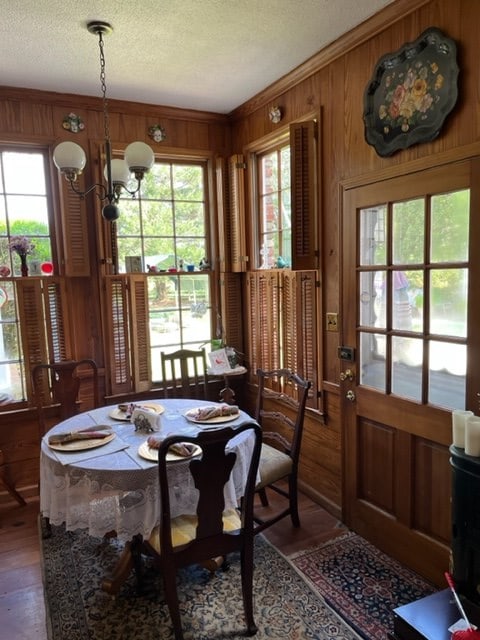 dining room with plenty of natural light and wooden walls