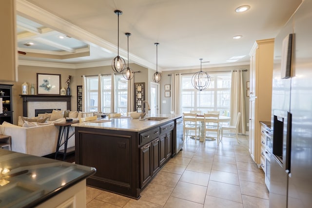 kitchen featuring a fireplace, stainless steel appliances, ornamental molding, a sink, and dark brown cabinets