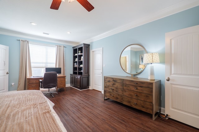 bedroom featuring baseboards, visible vents, a ceiling fan, dark wood-style floors, and ornamental molding