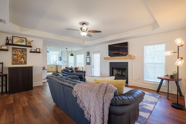 living room with ceiling fan, a healthy amount of sunlight, a tray ceiling, dark wood finished floors, and a fireplace