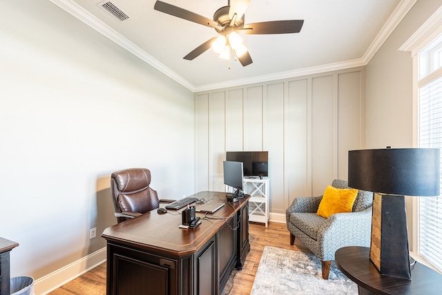 3041 Houser Way, Hahira, GA 31632 - home office with visible vents, light wood-type flooring, a ceiling fan, and ornamental molding