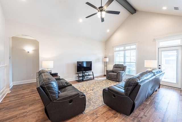3041 Houser Way, Hahira, GA 31632 - living room featuring visible vents, wood finished floors, arched walkways, and ceiling fan