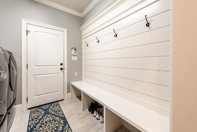 3041 Houser Way, Hahira, GA 31632 - mudroom featuring marble finish floor, washing machine and dryer, and crown molding