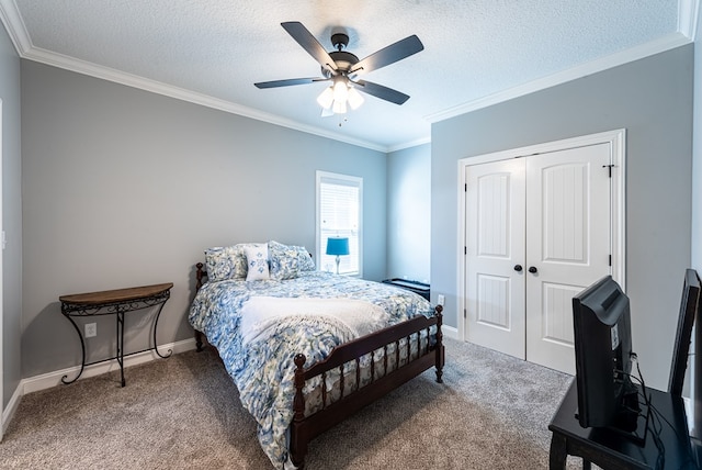3041 Houser Way, Hahira, GA 31632 - bedroom featuring a closet, carpet, crown molding, and a textured ceiling