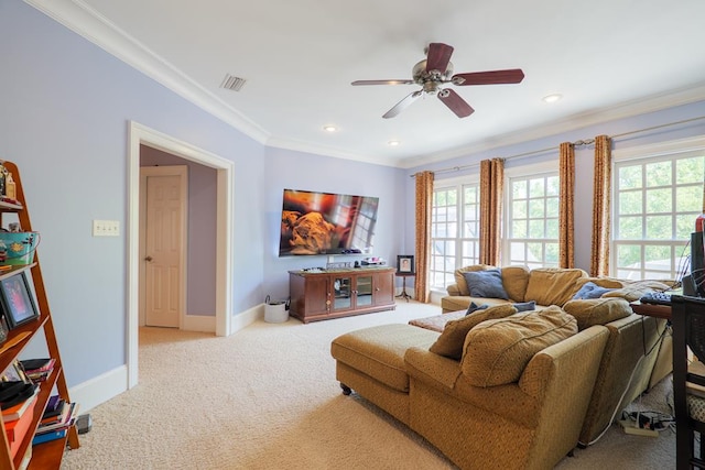 carpeted living room featuring crown molding, visible vents, baseboards, ceiling fan, and recessed lighting