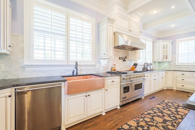 kitchen featuring stainless steel appliances, a sink, under cabinet range hood, and dark wood-type flooring