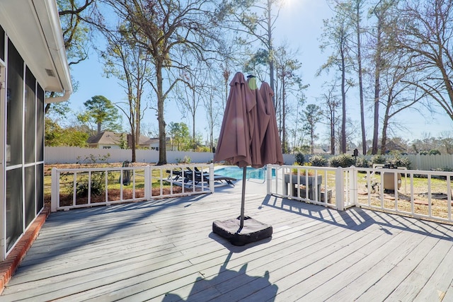 wooden deck featuring a fenced backyard