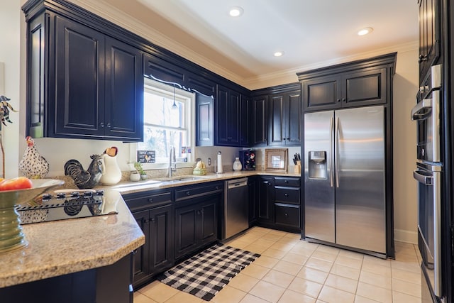 kitchen featuring light tile patterned floors, ornamental molding, stainless steel appliances, a sink, and recessed lighting