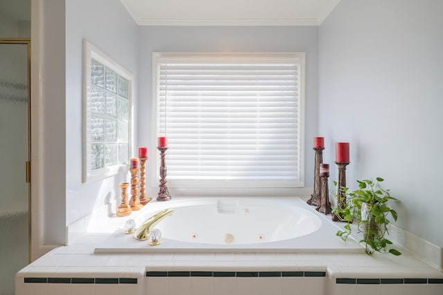 bathroom featuring ornamental molding, a jetted tub, and a shower with shower door