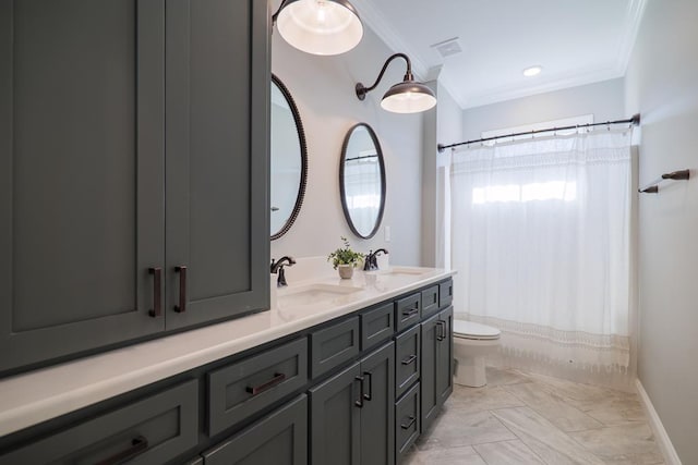 bathroom featuring a shower with curtain, vanity, toilet, and crown molding