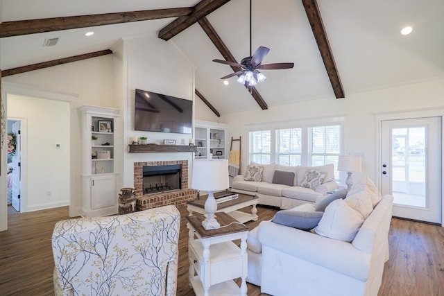 living room featuring ceiling fan, beamed ceiling, high vaulted ceiling, and wood-type flooring