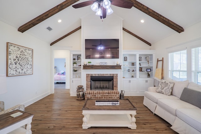 living room with a fireplace, beam ceiling, dark hardwood / wood-style floors, and high vaulted ceiling