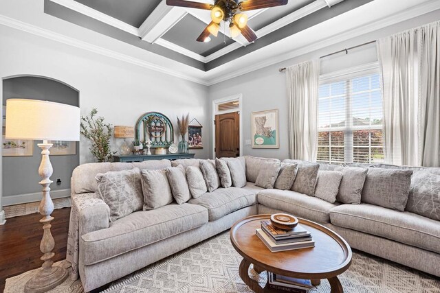 4186 Bowen Way, Valdosta, GA 31605 - living room featuring a ceiling fan, crown molding, wood finished floors, coffered ceiling, and baseboards