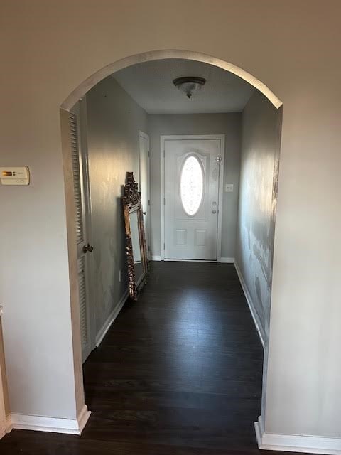 doorway with dark wood-type flooring