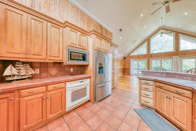 8262 Troupeville Rd, Valdosta, GA 31602 - kitchen with appliances with stainless steel finishes, tile counters, lofted ceiling, ceiling fan, and decorative backsplash