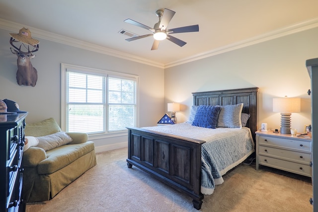 bedroom with baseboards, ornamental molding, a ceiling fan, visible vents, and light colored carpet