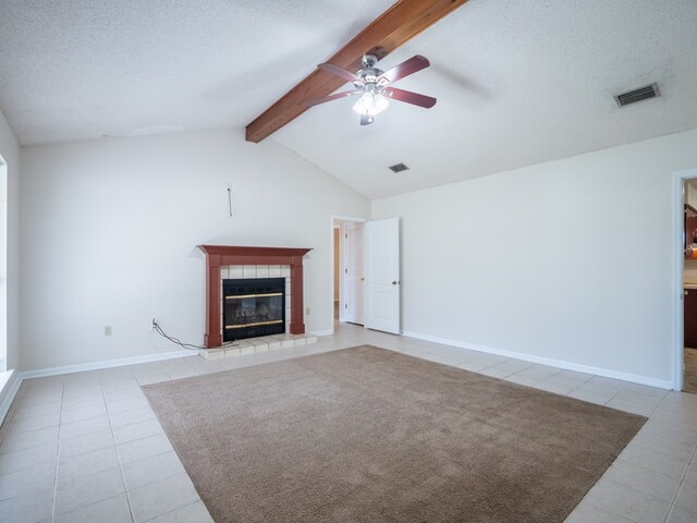 5210 N Northridge Rd, Valdosta, GA 31605 - unfurnished living room with a textured ceiling, visible vents, a fireplace, and a ceiling fan