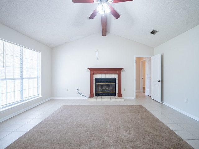 5210 N Northridge Rd, Valdosta, GA 31605 - unfurnished living room with lofted ceiling with beams, ceiling fan, visible vents, and light carpet