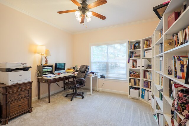 4311 Mossy Creek Rd, Valdosta, GA 31602 - office area with carpet, baseboards, ornamental molding, and ceiling fan