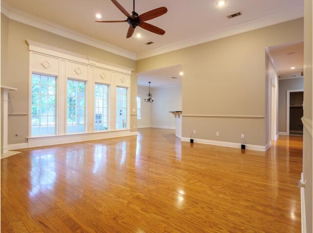 4311 Mossy Creek Rd, Valdosta, GA 31602 - unfurnished living room with ceiling fan, crown molding, light wood finished floors, recessed lighting, and baseboards