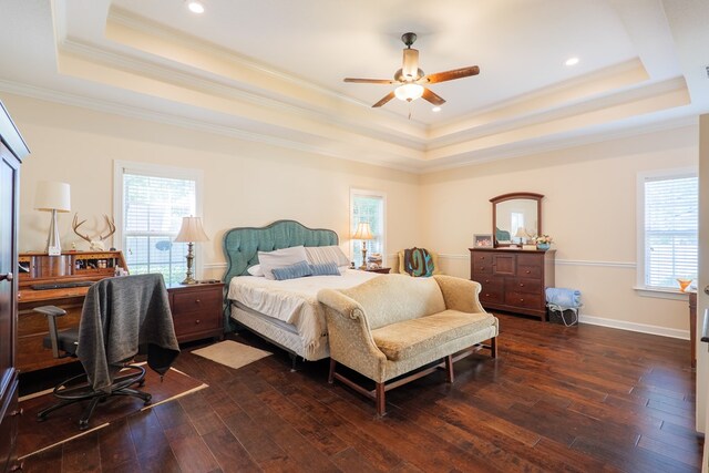 4311 Mossy Creek Rd, Valdosta, GA 31602 - bedroom with a tray ceiling, crown molding, multiple windows, dark wood finished floors, and recessed lighting