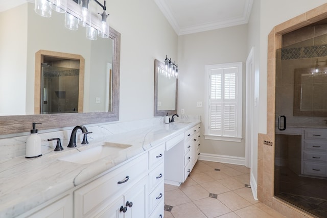 full bath with ornamental molding, a sink, double vanity, and a stall shower