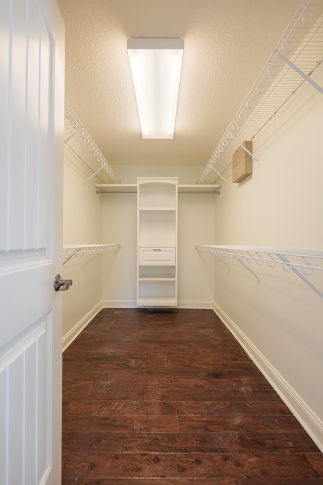 walk in closet with dark wood-style floors